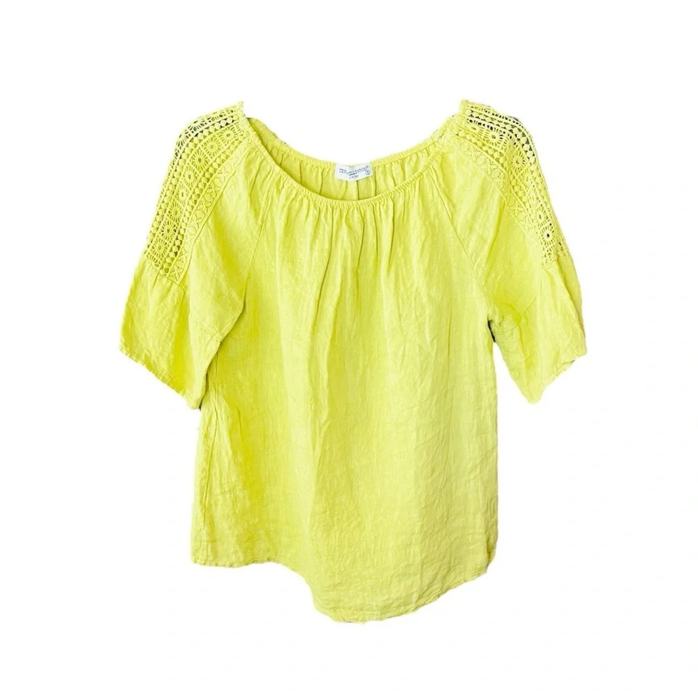 Terzo Millenio 100% linen crochet sleeve blouse Made in Italy SZ S yellow